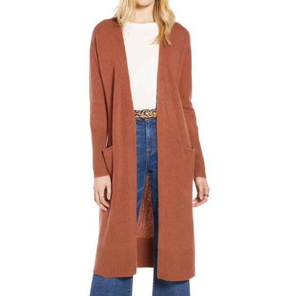 Halogen Wool & Cashmere Long Cardigan in Rust Sequoia - Picture 2 of 10